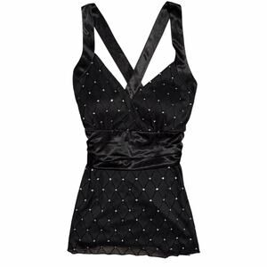 Y2K Black Rhinestone Satin Babydoll Top Size 10P McBling Whimsygoth Vibes